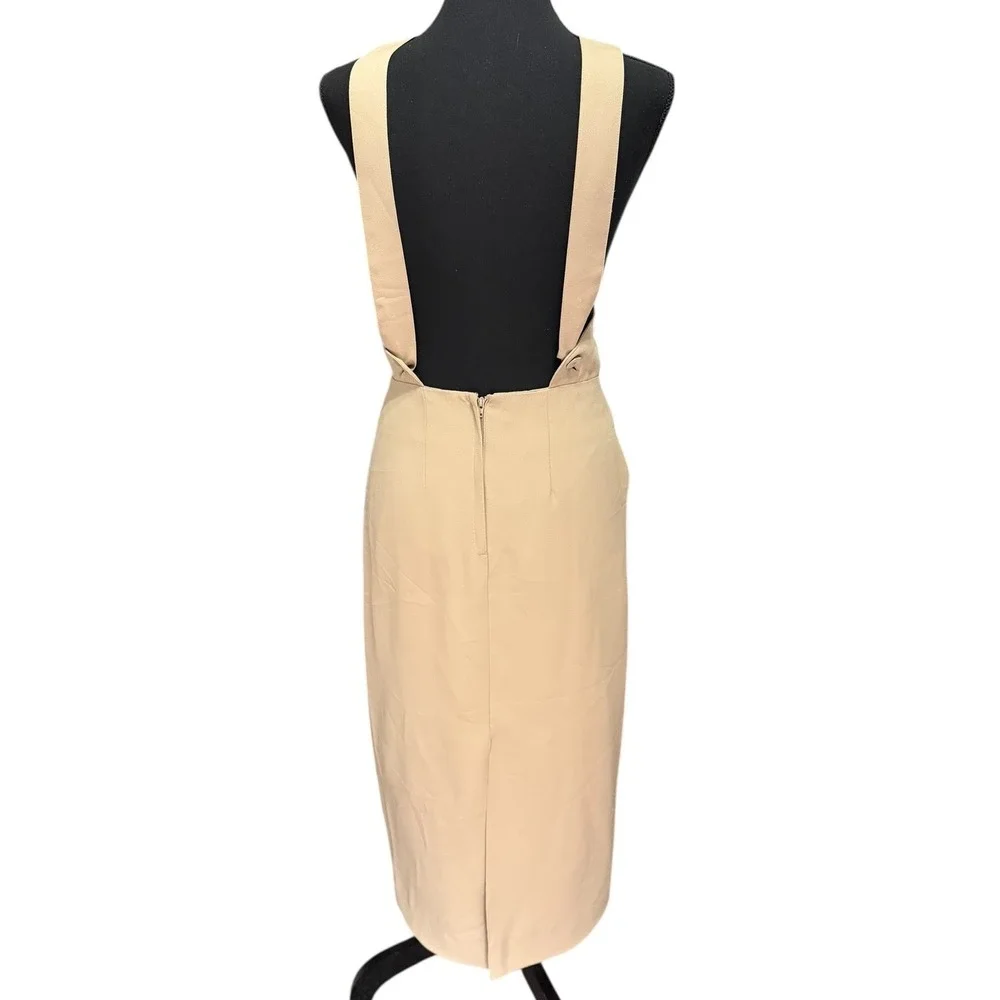 Vintage Newport News Tan Pinafore Midi Dress Square Neck Overall Style Petite 4‎